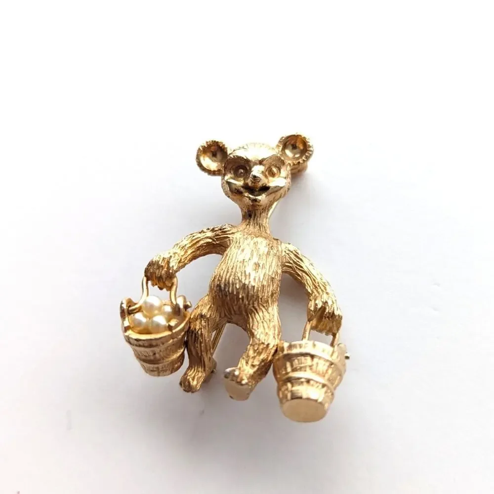 Vintage Gold Tone Figural Bear holding Articulated Buckets Full of Pearls Brooch